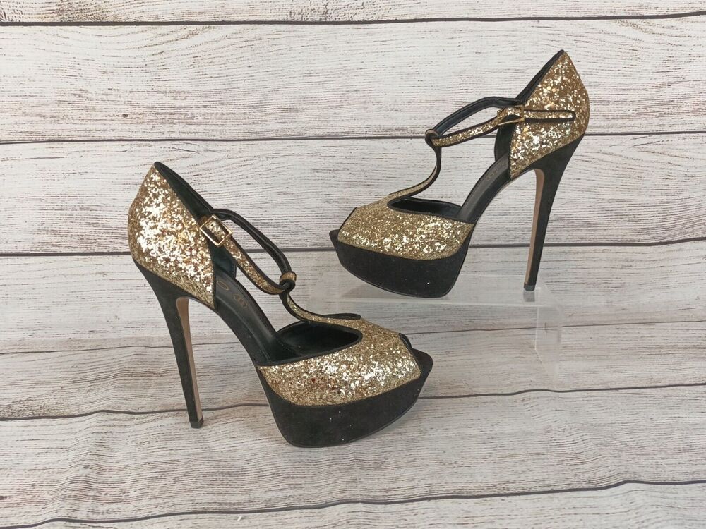 ALDO Womens Glitter Heels Sz 8.5 Gold Open Toe Platform Stiletto